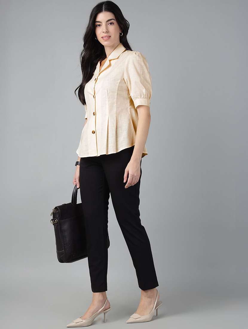 women solid lapel collar short sleeve shirt - 22038623 - Standard Image - 3