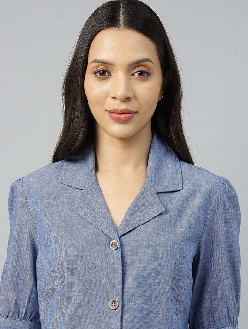 women solid lapel collar regular fit shirt - 22038624 - Standard Image - 5