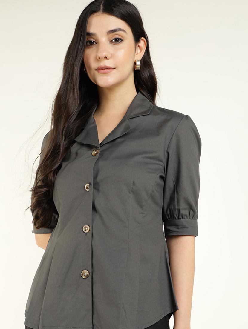 women solid lapel collar puff sleeve shirt - 22038625 - Zoom Image - 0
