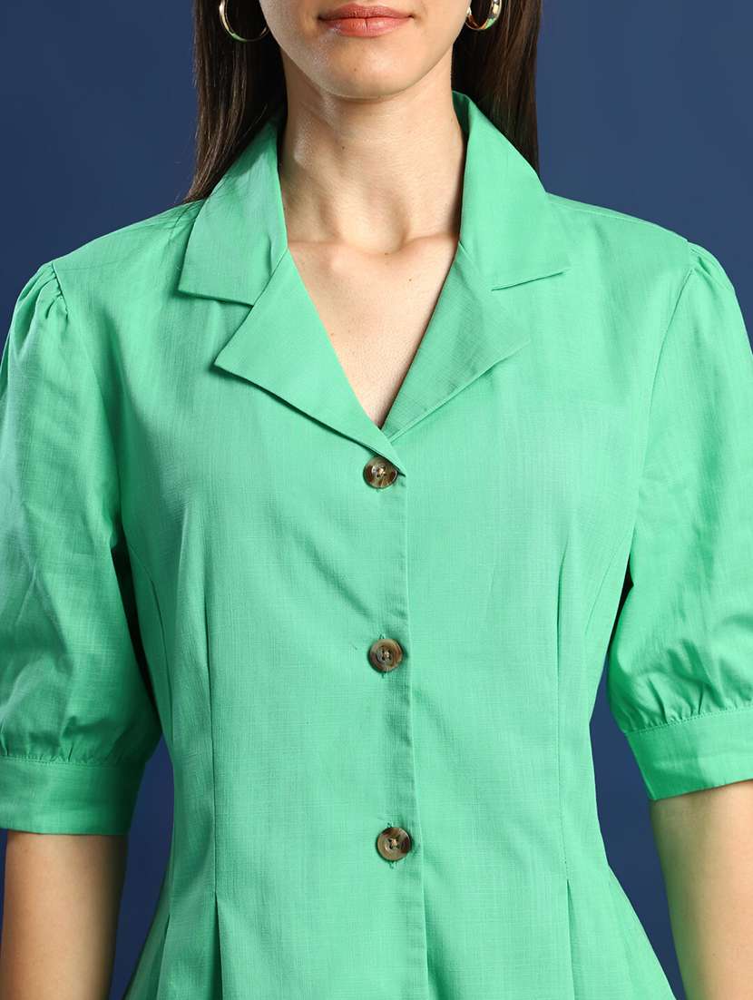 women solid lapel collar puff sleeve shirt - 22038626 - Standard Image - 3