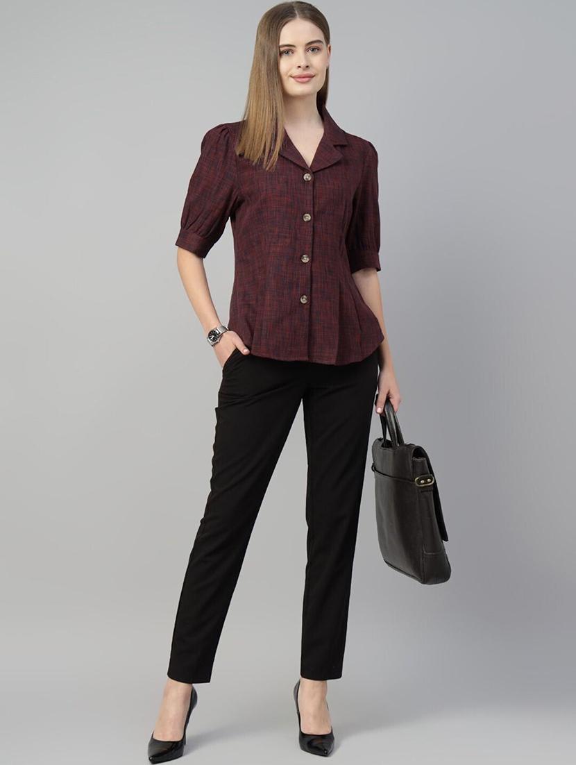 women solid lapel collar puff sleeve shirt - 22038628 - Standard Image - 5