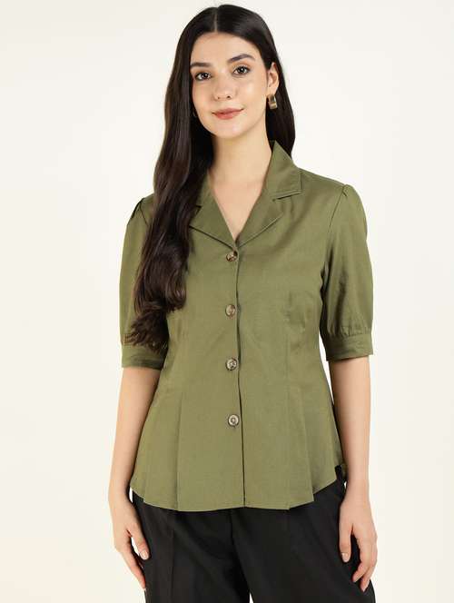 women solid lapel collar regular fit shirt - 22038629 - Standard Image - 0