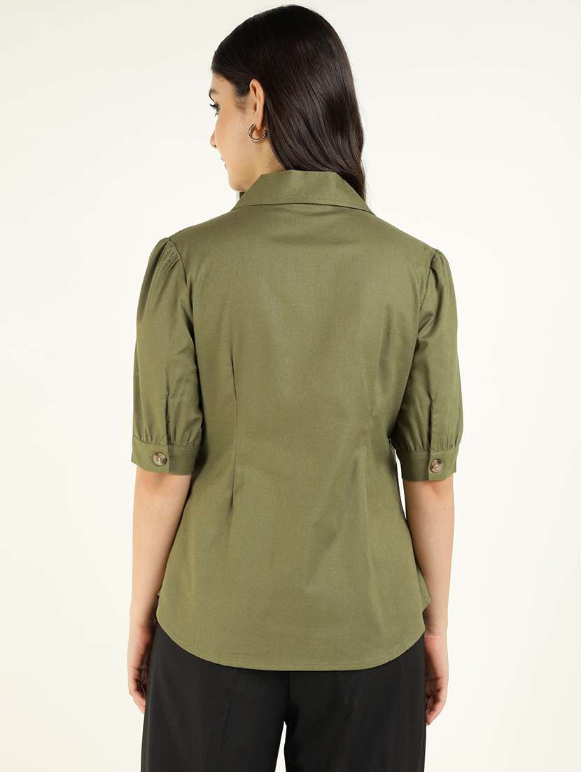 women solid lapel collar regular fit shirt - 22038629 - Standard Image - 3