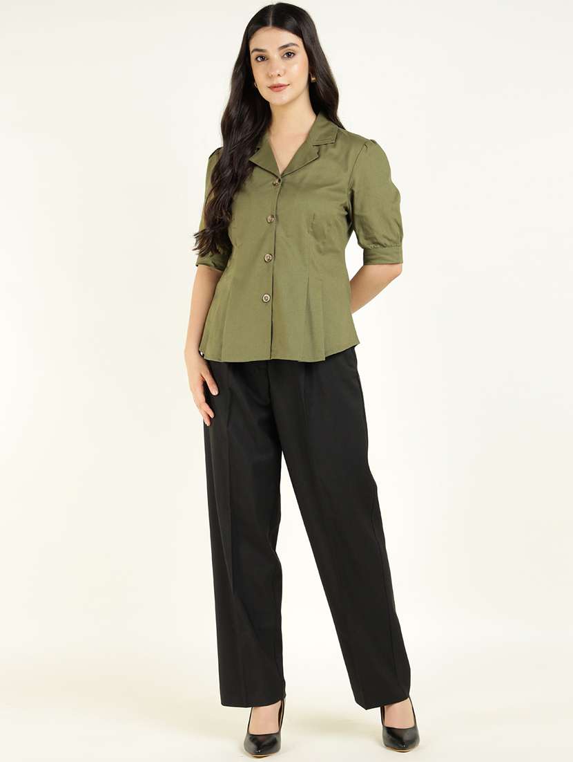 women solid lapel collar regular fit shirt - 22038629 - Standard Image - 5