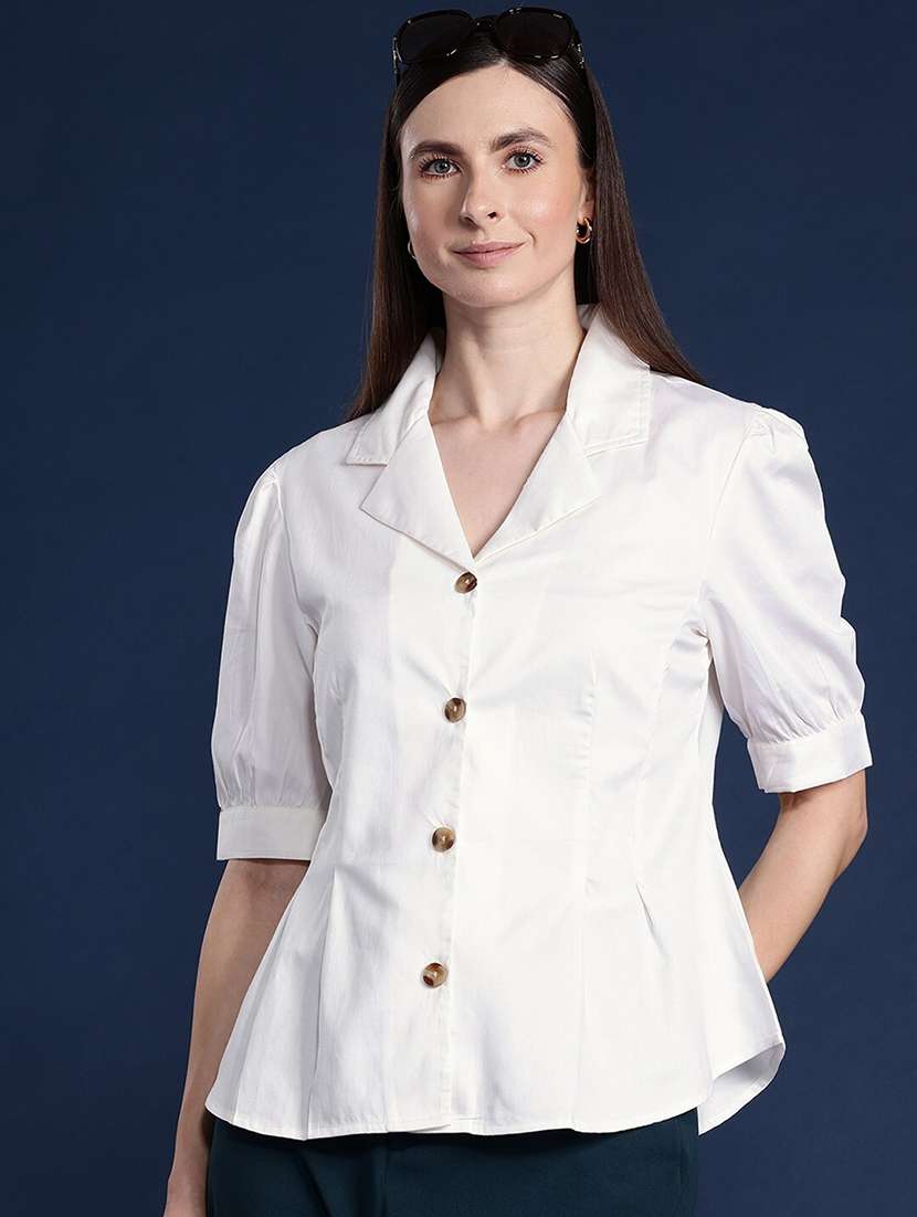 women solid lapel collar puff sleeve shirt