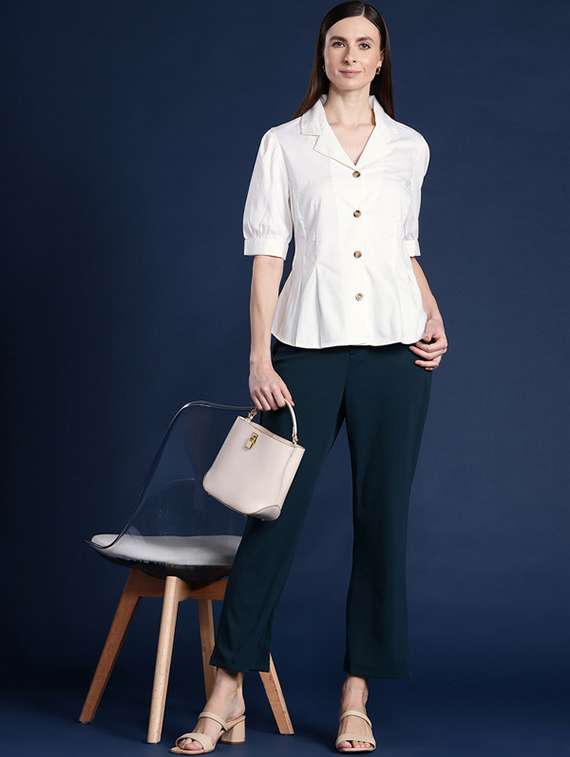 women solid lapel collar puff sleeve shirt - 22038631 -  Standard Image - 3