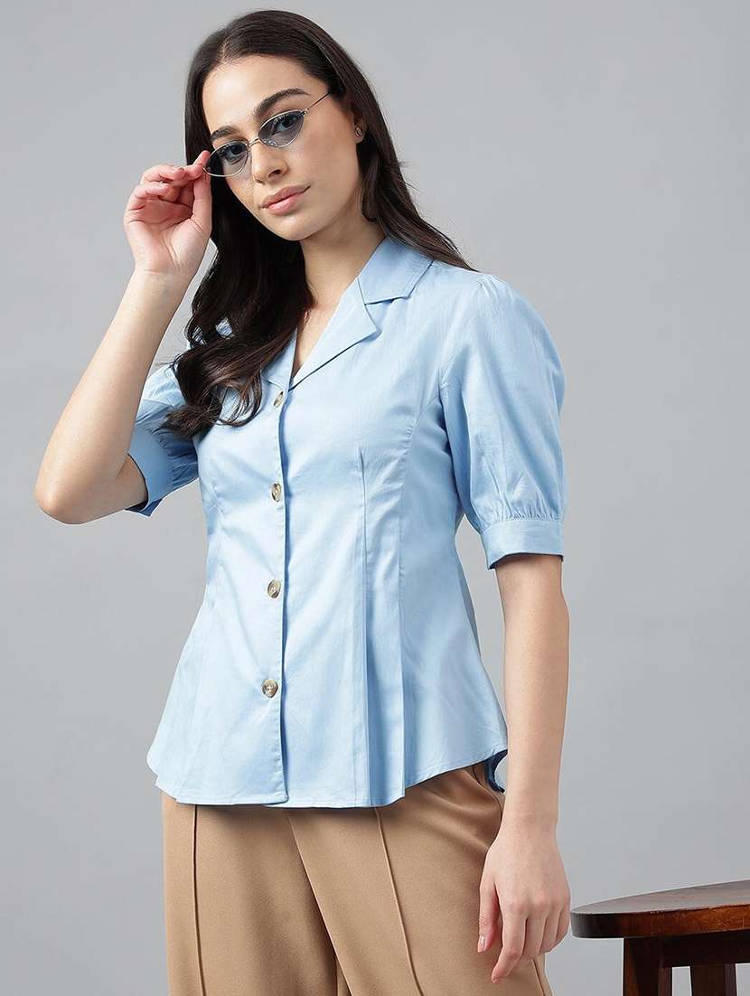 women solid lapel collar puff sleeve shirt