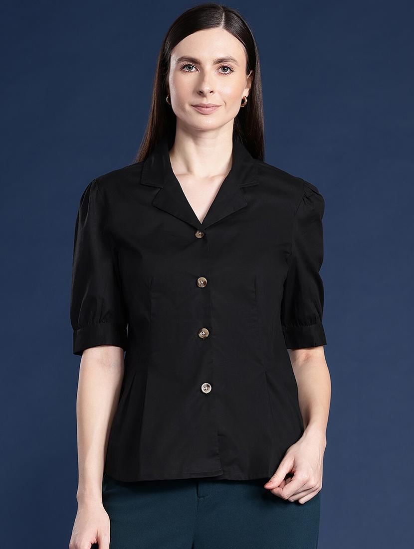 women solid lapel collar puff sleeve shirt - 22038634 - Zoom Image - 0