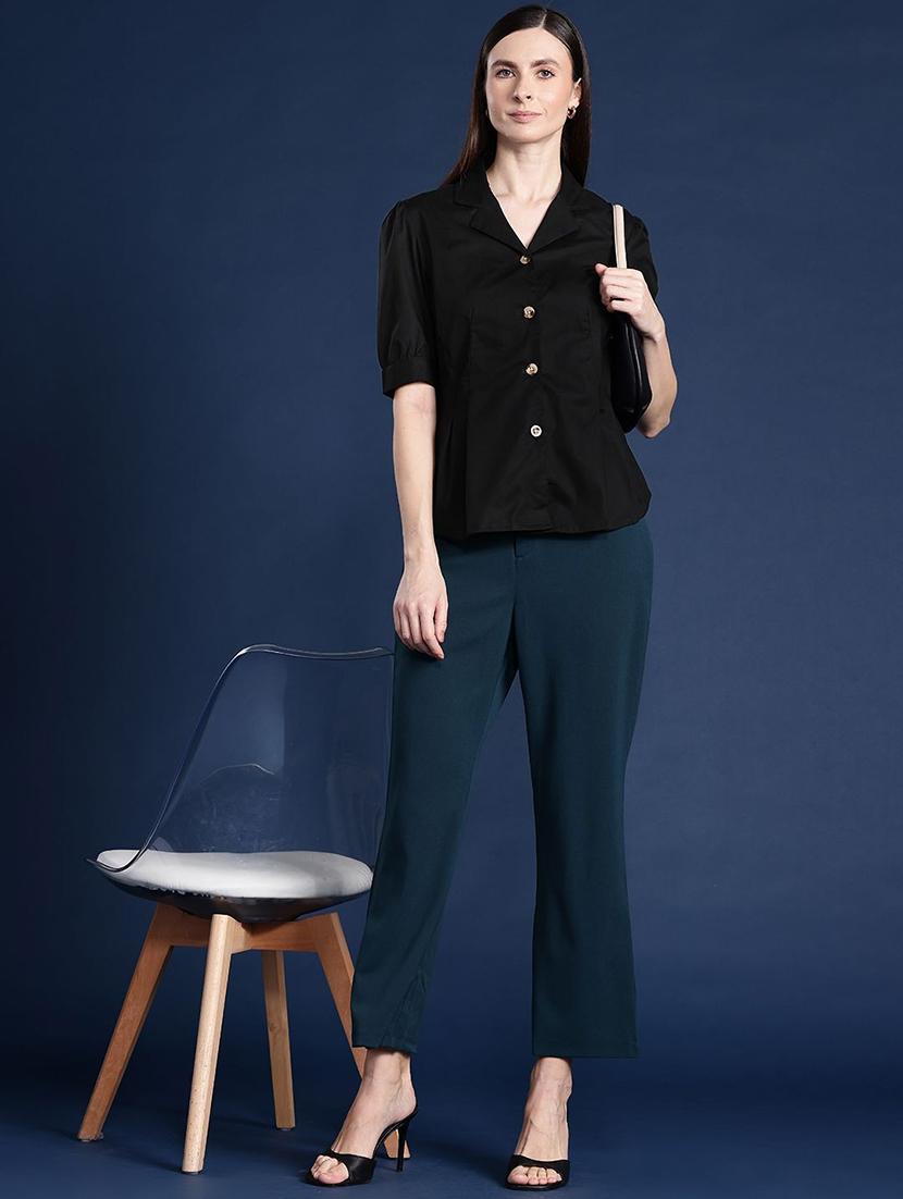 women solid lapel collar puff sleeve shirt - 22038634 - Standard Image - 3
