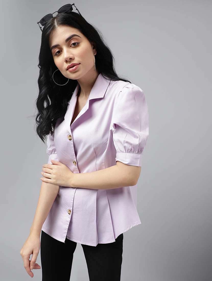 women solid lapel collar regular fit shirt - 22038637 - Zoom Image - 0
