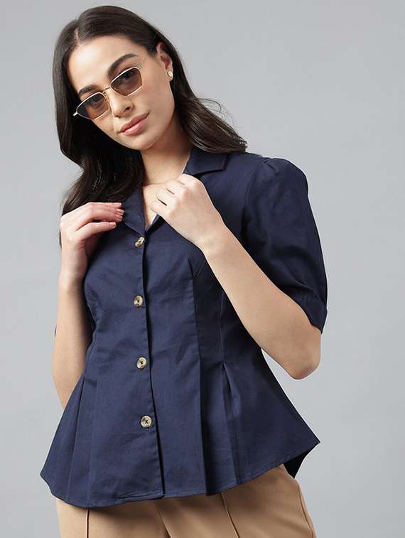 women solid lapel collar regular fit shirt - 22038638 -  Zoom Image - 0