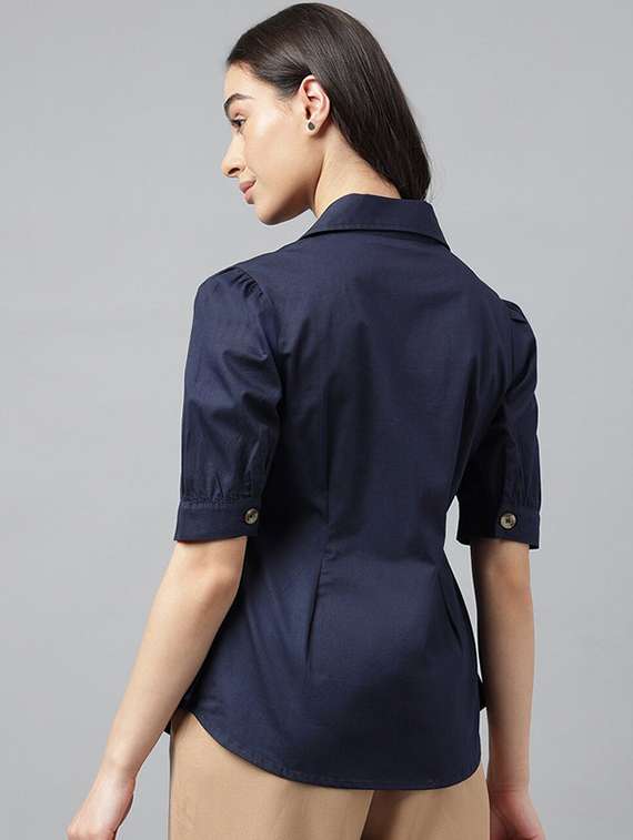 women solid lapel collar regular fit shirt - 22038638 - Standard Image - 3