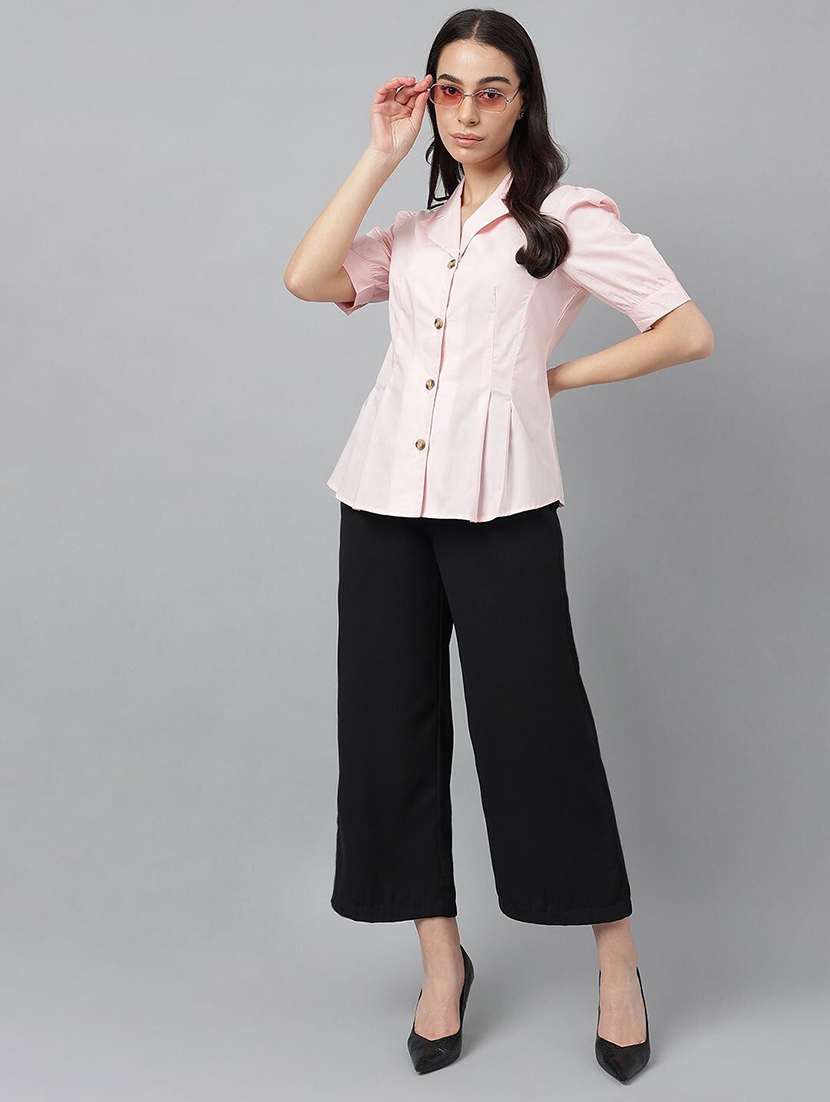women solid lapel collar puff sleeve shirt - 22038639 -  Standard Image - 5