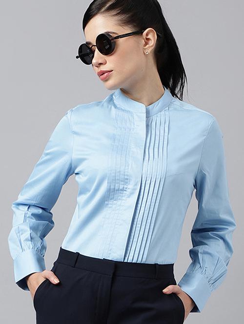 women solid mandarin collared long sleeve shirt - 22038645 - Standard Image - 0