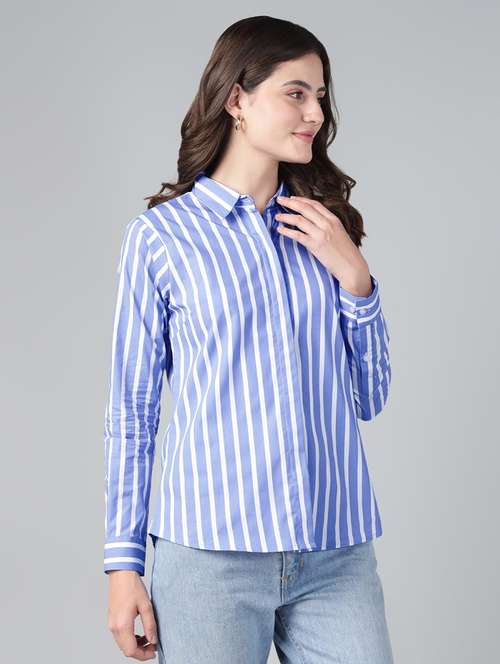 women striped collared long sleeve shirt - 22038651 -  Standard Image - 0
