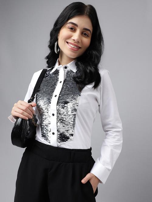 women sequined collared long sleeve shirt - 22038654 - Standard Image - 0