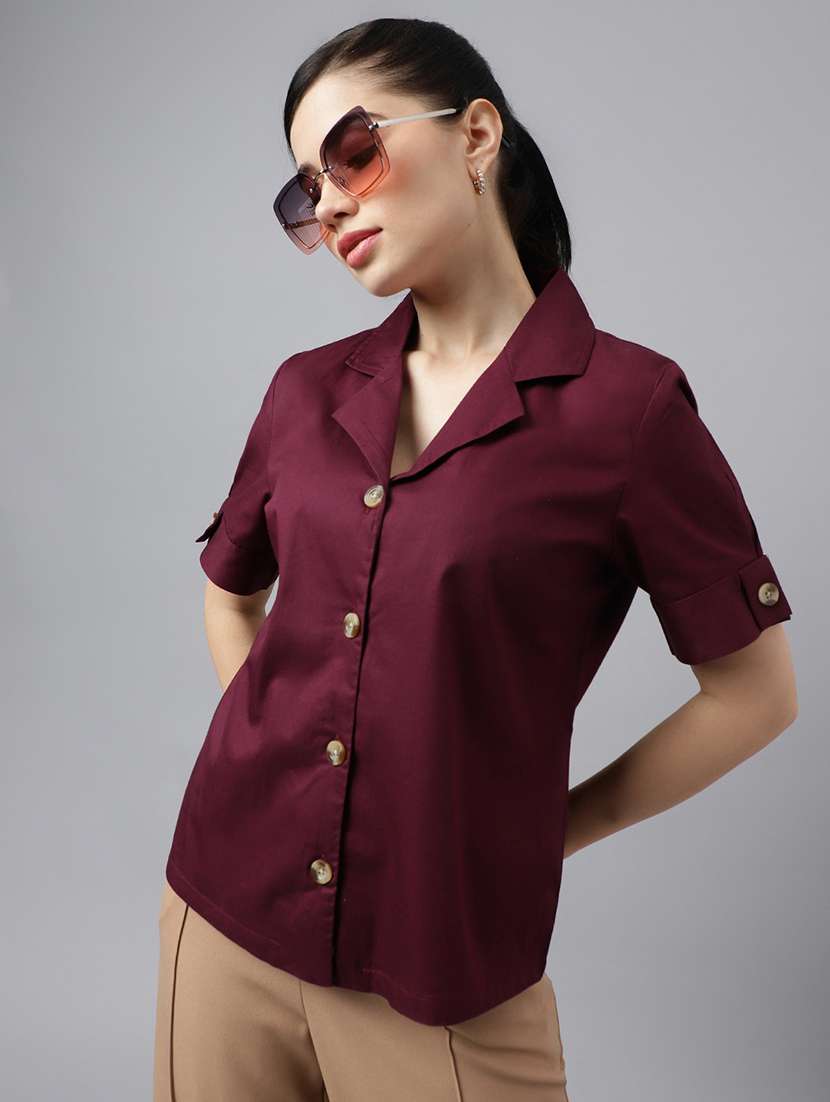 women solid lapel collar short sleeve shirt