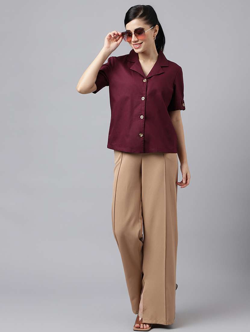 women solid lapel collar short sleeve shirt - 22038656 -  Standard Image - 3
