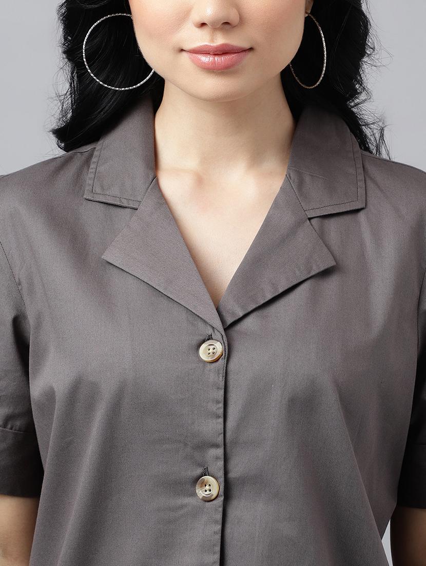 women solid lapel collar regular fit shirt - 22038657 - Standard Image - 3