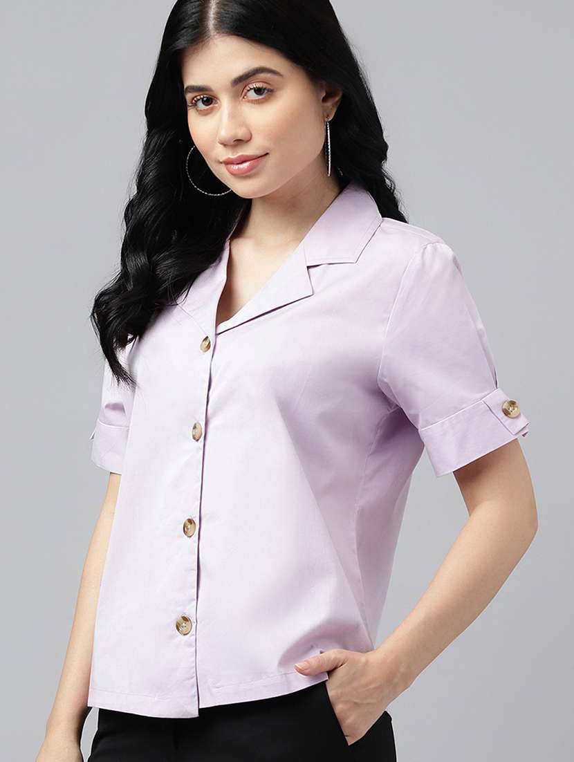women solid lapel collar regular fit shirt - 22038658 -  Zoom Image - 0