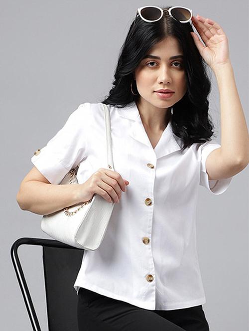 women solid lapel collar short sleeve shirt - 22038659 - Standard Image - 0