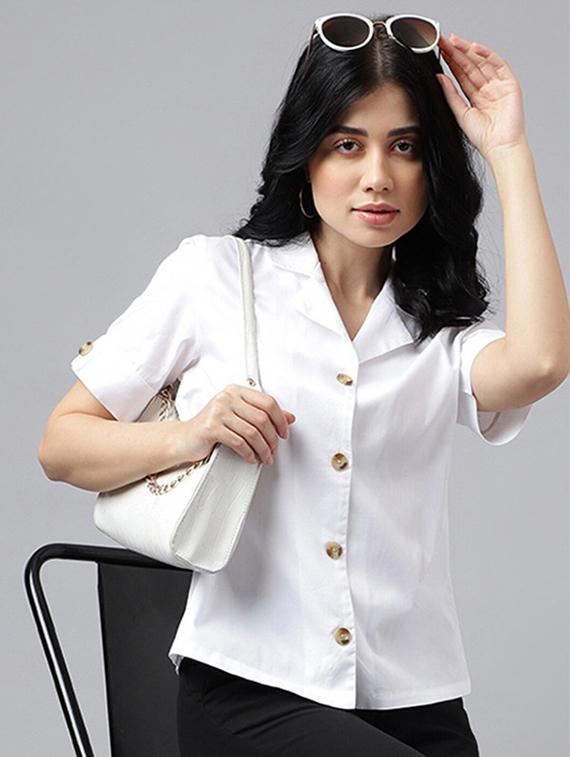 women solid lapel collar short sleeve shirt - 22038659 - Zoom Image - 0