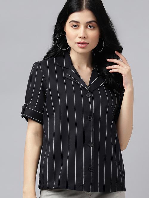 women striped lapel collar regular fit shirt - 22038660 - Standard Image - 0