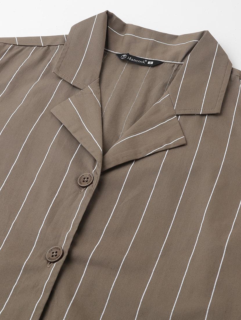 women striped lapel collar short sleeve shirt - 22038661 - Standard Image - 3