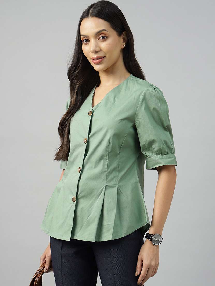 women solid puff sleeve regular fit shirt - 22038671 -  Zoom Image - 0