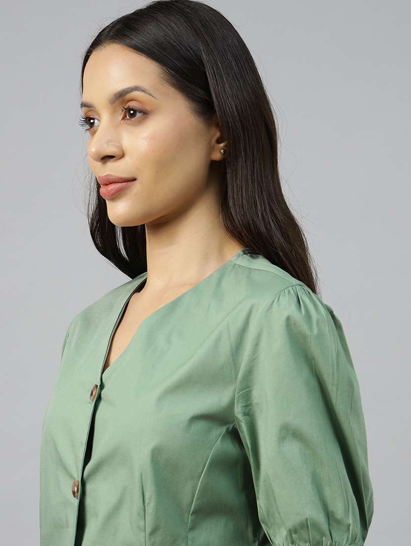 women solid puff sleeve regular fit shirt - 22038671 -  Standard Image - 3