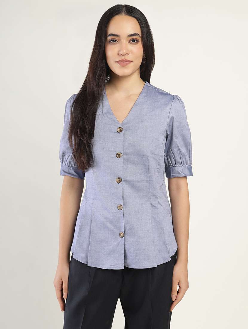 women solid puff sleeve regular fit shirt