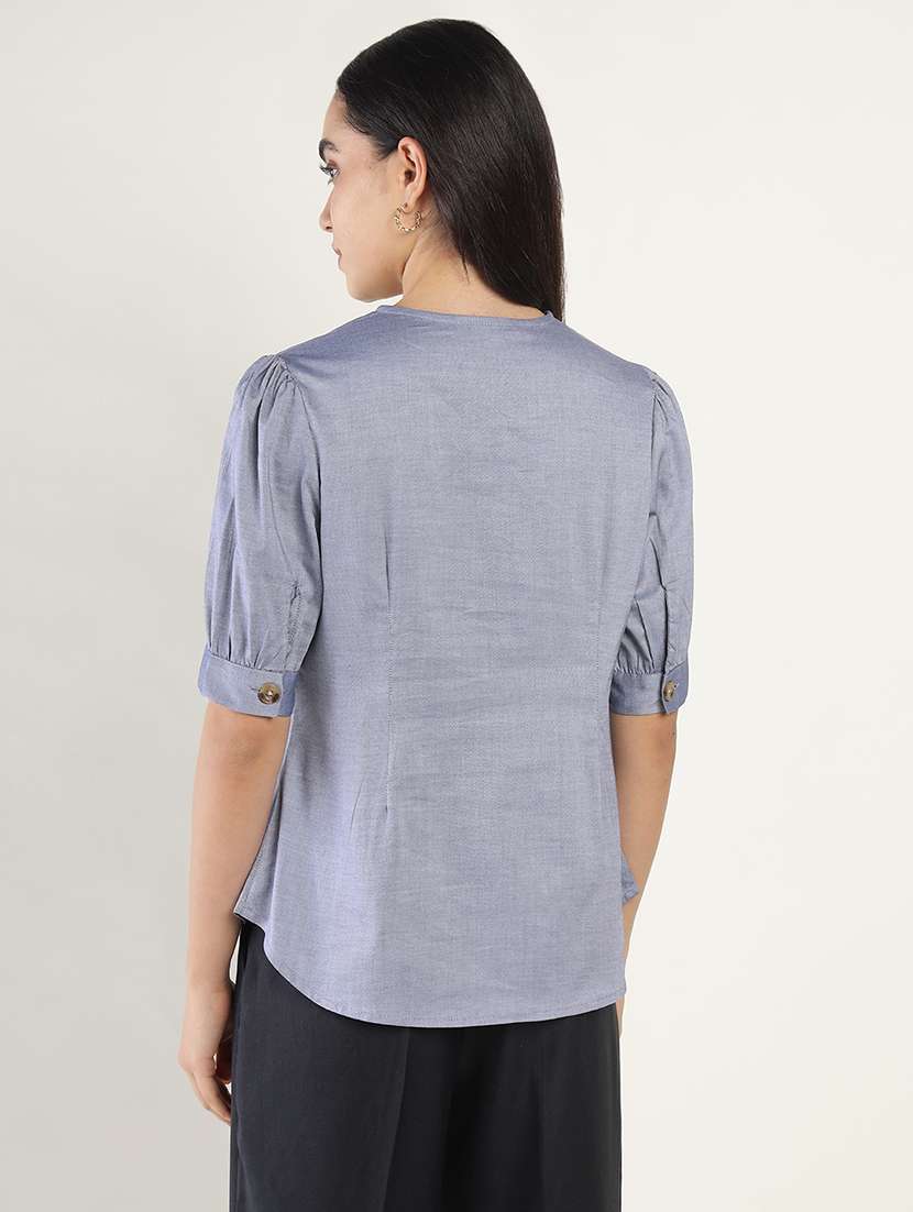 women solid puff sleeve regular fit shirt - 22038675 -  Standard Image - 3