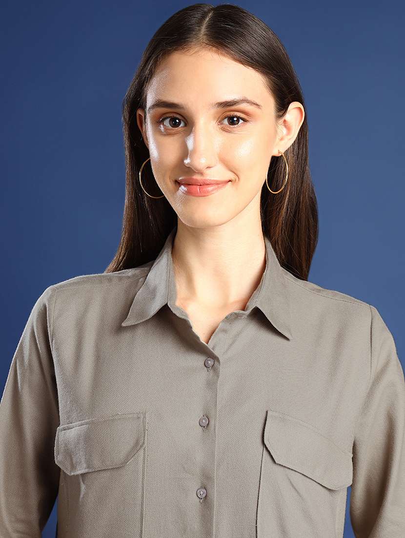 women solid collared long sleeve shirt - 22038747 - Standard Image - 5