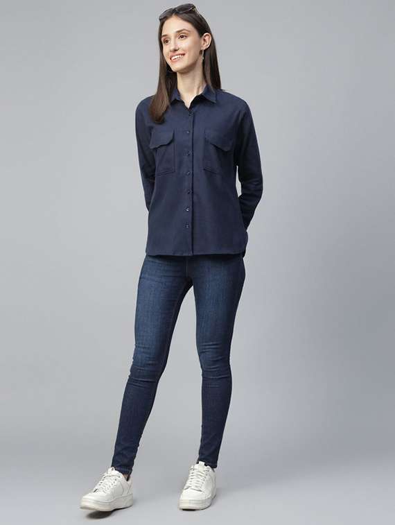 women solid collared long sleeve shirt - 22038749 -  Standard Image - 3