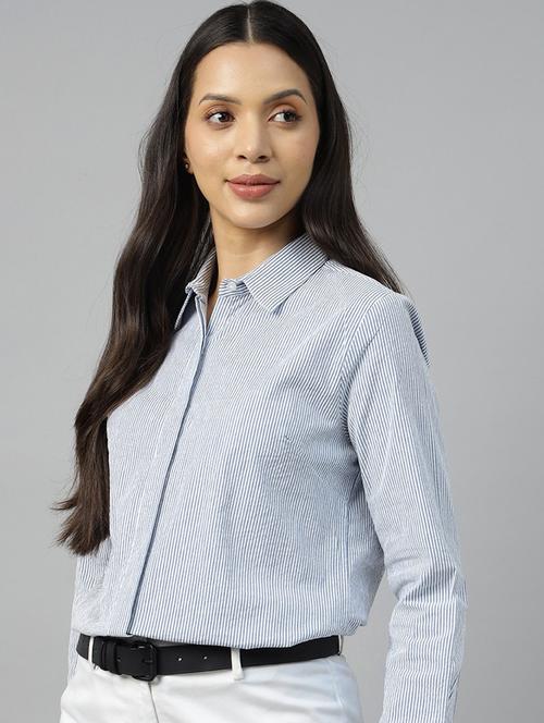 women striped collared long sleeve shirt - 22038760 - Standard Image - 0