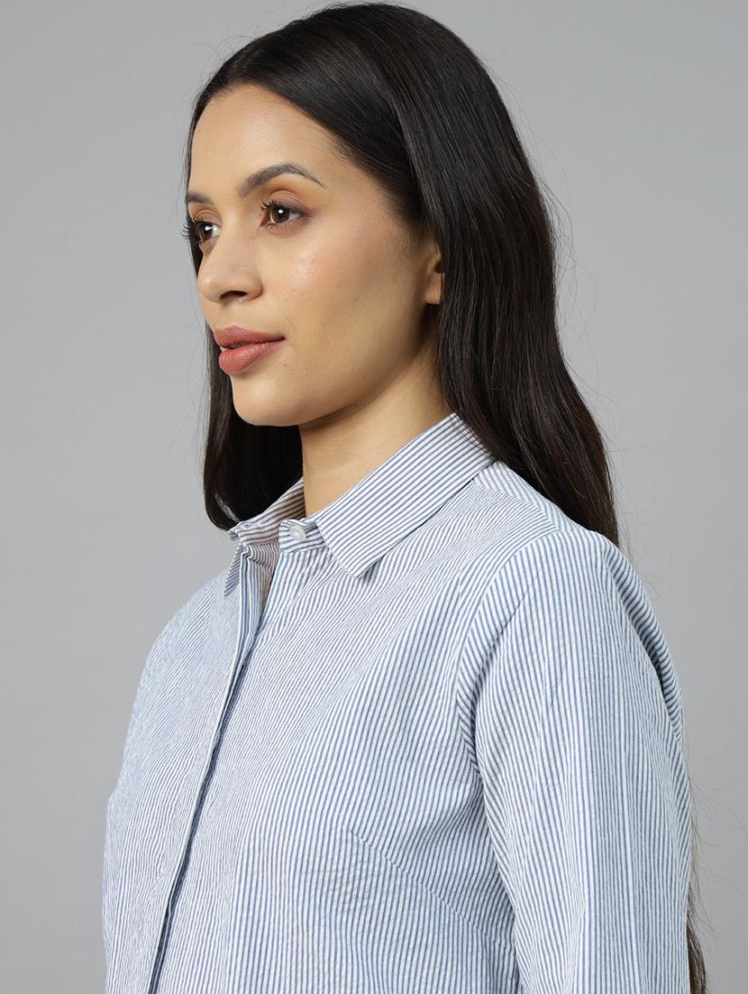 women striped collared long sleeve shirt - 22038760 - Standard Image - 3