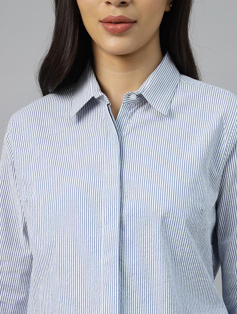 women striped collared long sleeve shirt - 22038760 - Standard Image - 5