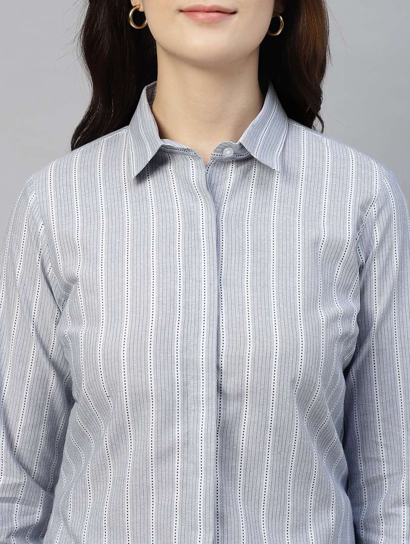 women striped collared long sleeve shirt - 22038777 - Standard Image - 3