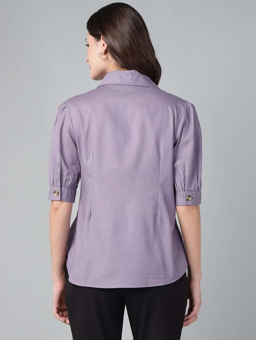 women solid lapel collar puff sleeve shirt - 22038793 -  Standard Image - 3