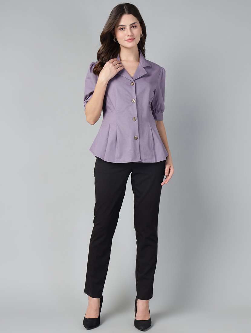 women solid lapel collar puff sleeve shirt - 22038793 -  Standard Image - 5