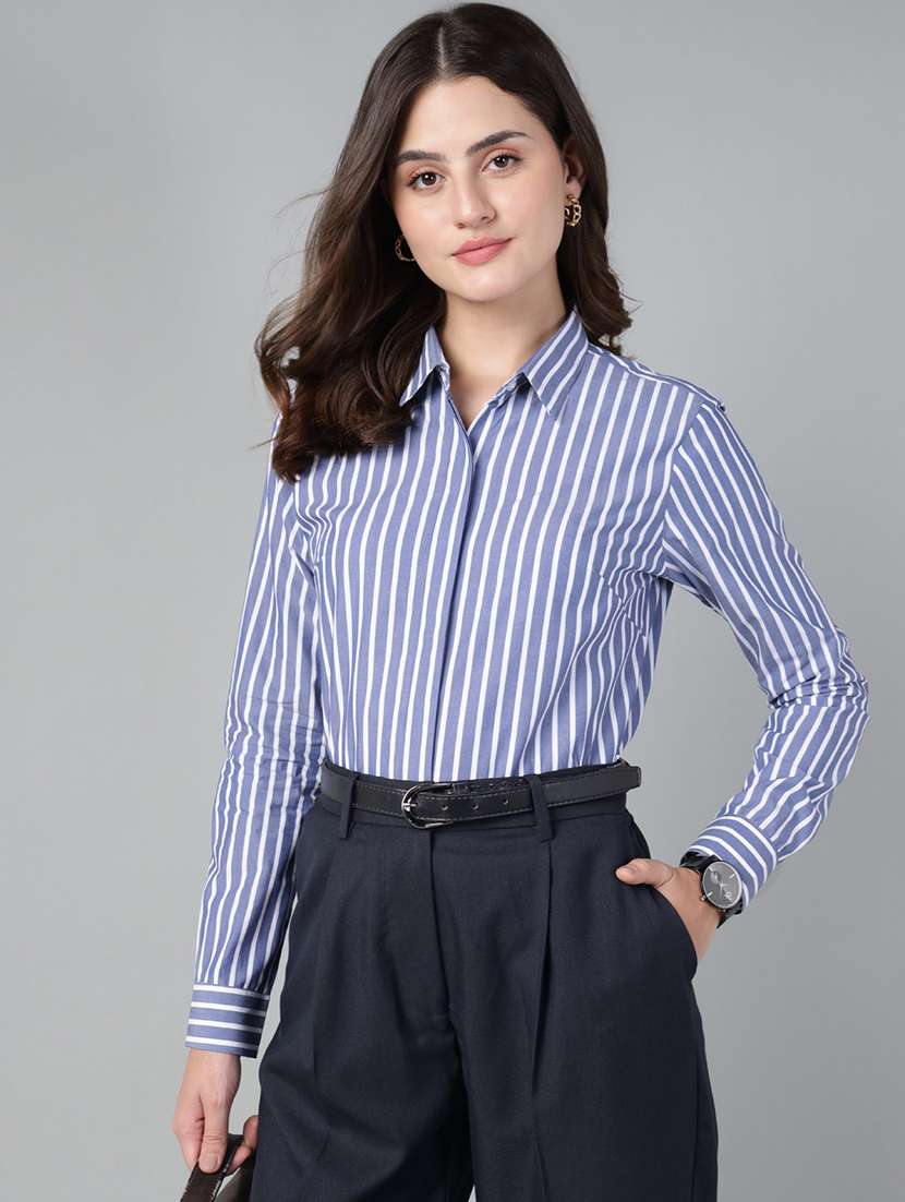 women striped collared long sleeve shirt - 22038794 - Zoom Image - 0