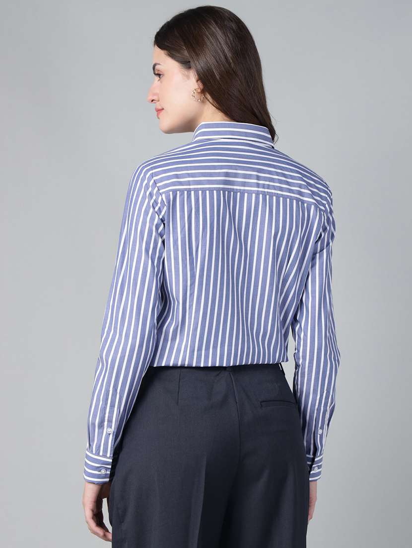 women striped collared long sleeve shirt - 22038794 - Standard Image - 3