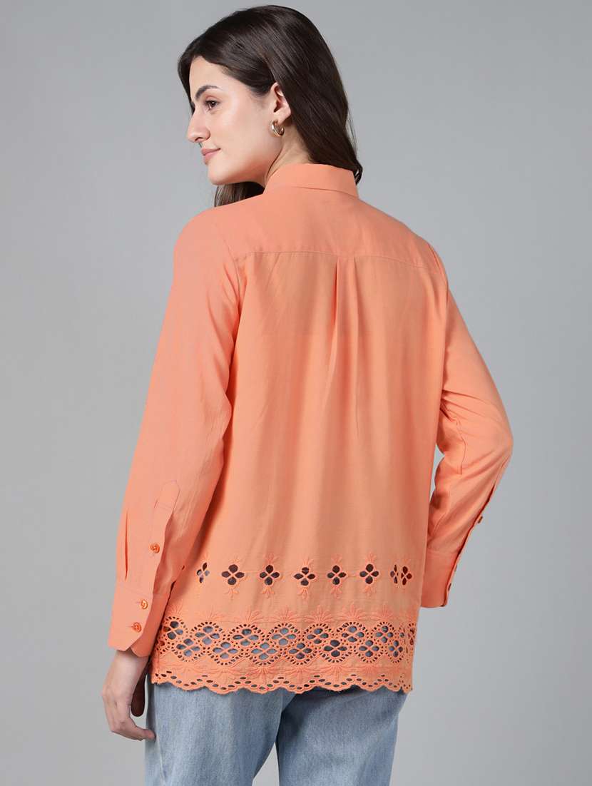 women solid collared long sleeve schiffli shirt - 22038800 - Standard Image - 3