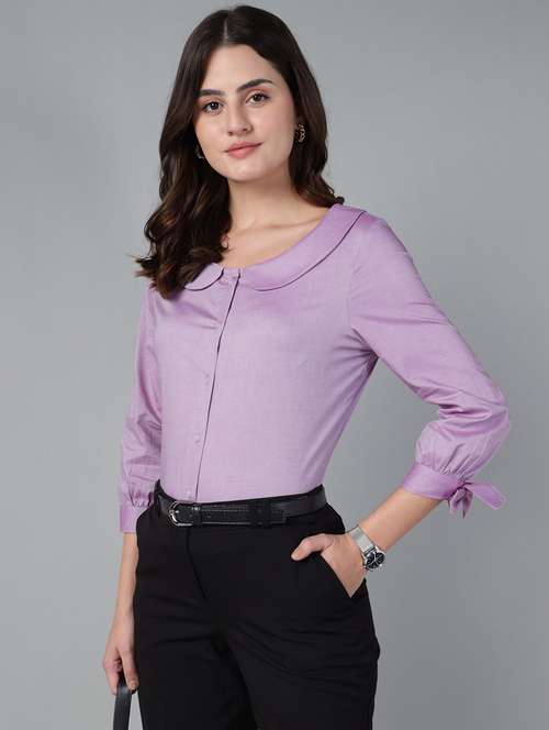 women solid peter pan collar three quarter sleeve shirt - 22038808 - Standard Image - 0
