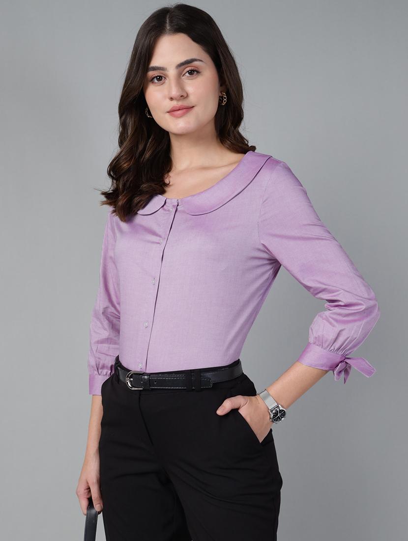 women solid peter pan collar three quarter sleeve shirt - 22038808 - Zoom Image - 0