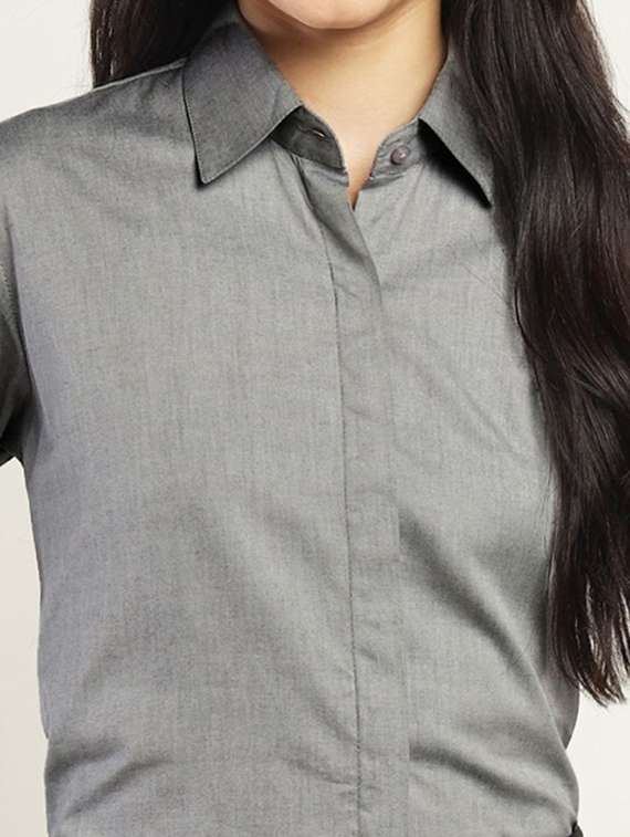 women solid collared long sleeve shirt - 22038811 -  Standard Image - 3
