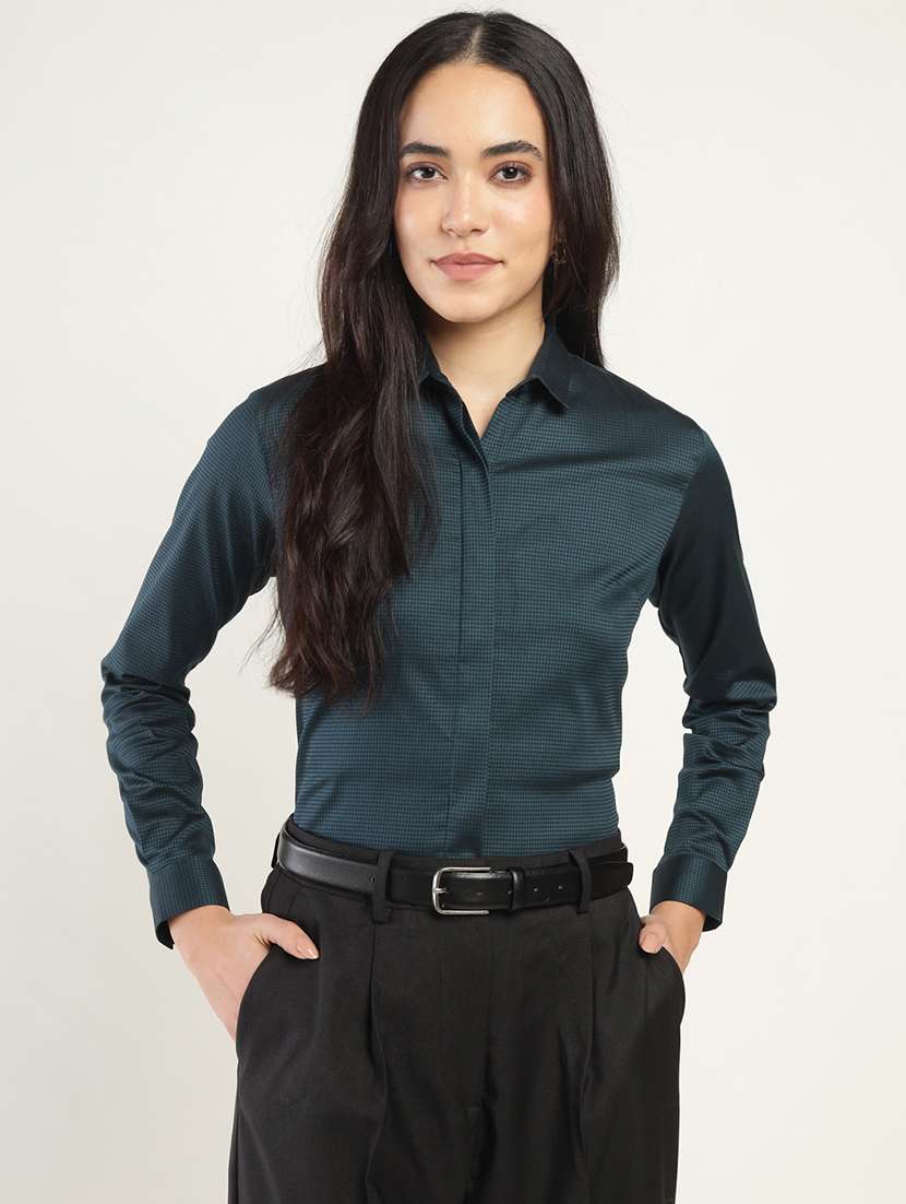 women solid collared long sleeve shirt