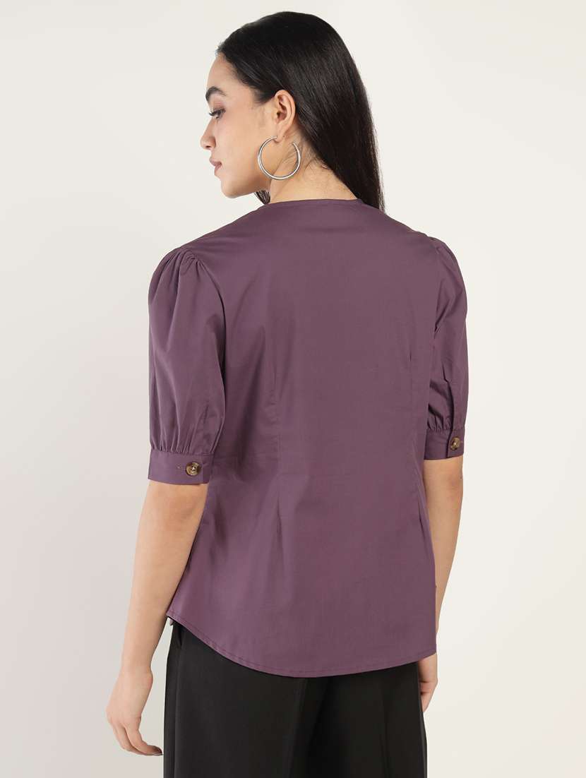 women solid puff sleeve regular fit shirt - 22038816 -  Standard Image - 3