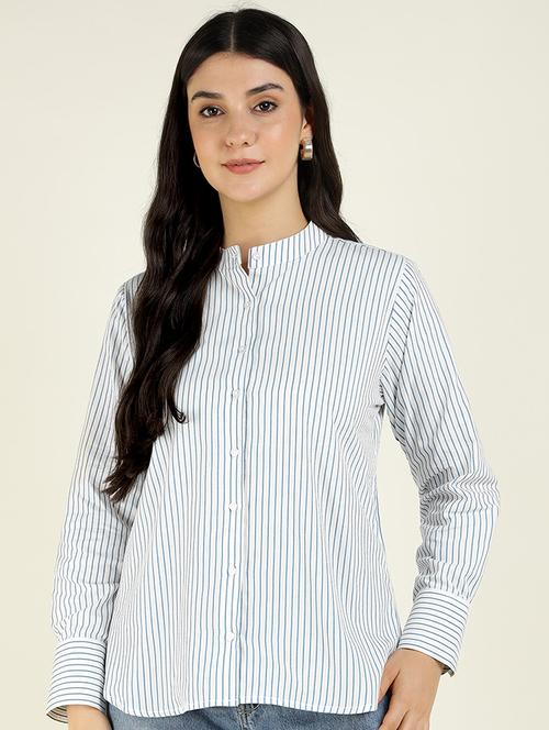 women striped mandarin collared long sleeve shirt - 22038821 -  Standard Image - 0