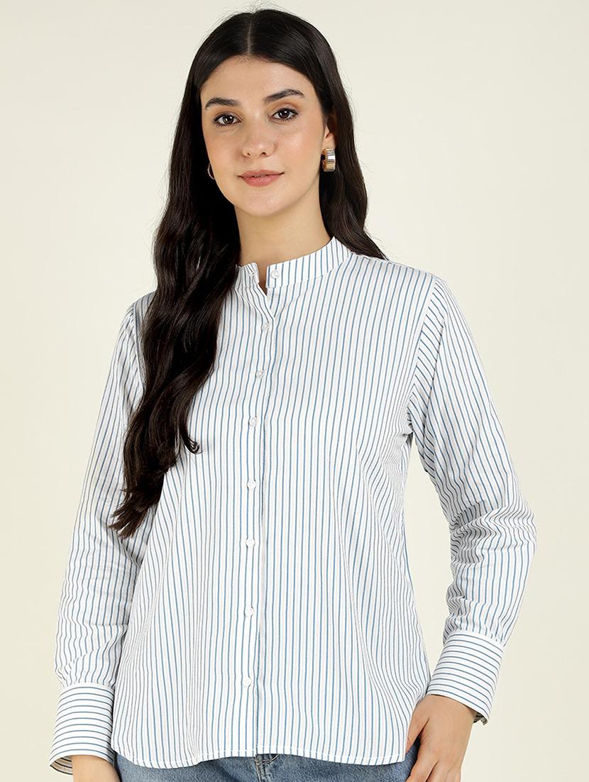 women striped mandarin collared long sleeve shirt - 22038821 -  Zoom Image - 0